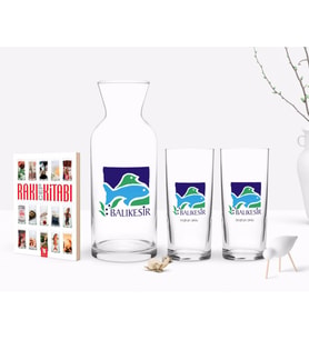 BK Gift Kişiye Özel Renkli Baskılı Balıkesir Tasarımlı Turistik İkili Rakı Bardağı Karaf ve Cep Kitabı Hediye Seti-1 (Model 1)