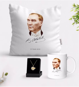 BK Gift Kişiye Özel Atatürk Temalı Beyaz Kupa Yastık ve İsimli Papatya Kolye Hediye Seti-15 (Model 1)