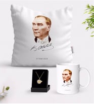 BK Gift Kişiye Özel Atatürk Temalı Beyaz Kupa Yastık ve İsimli Papatya Kolye Hediye Seti-15 (Model 1)