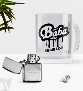BK Gift Kişiye Özel Kahraman Baba Cam Kupa Bardak Benzinli Çakmak Seti-1 (Model 1)