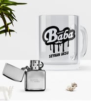 BK Gift Kişiye Özel Kahraman Baba Cam Kupa Bardak Benzinli Çakmak Seti-1 (Model 1)