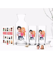 BK Gift Kişiye Özel Renkli Baskılı Sevgililer Karikatürlü İkili Rakı Bardağı Karaf ve Cep Kitabı Hediye Seti-5 (Model 1)