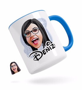 BK Gift Kişiye Özel Kadın Yüz Karikatürlü Mavi Kupa Bardak-2