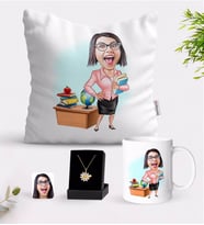 BK Gift Kişiye Özel Bayan Öğretmen Karikatürlü Beyaz Kupa Yastık ve İsimli Papatya Kolye Hediye Seti-5 (Model 1)