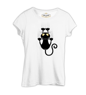 Kedi - Scratch Beyaz Kadın Tshirt
