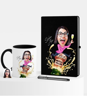 BK Gift Kişiye Özel Yılbaşı Temalı Bayan Karikatürlü Siyah Defter Kalem Kupa Seti - 6