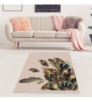Kuş Tüyü Desenli Dijital Baskı Yıkanabilir Leke Tutmaz Modern Salon Halısı ve Yolluk (Krem)