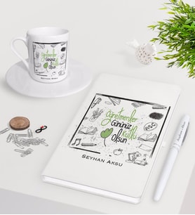 BK Gift Kişiye Özel Öğretmenler Günümüz Kutlu Olsun Beyaz Defter Kalem Türk Kahvesi Fincanı Seti-8 (Model 1)