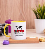 Coğrafya Öğretmeni Ahşap Altlıklı Mumlu Sarı Kupa Bardak
