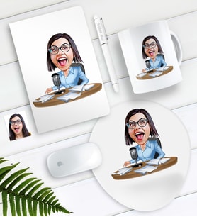 BK Gift Kişiye Özel Bayan Sunucu Spiker Karikatürlü Defter Kalem Kupa Mouse Pad Seti (Model 1)
