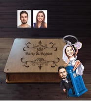 Kişiye Özel Gelin Damat Karikatürlü Ahşap Anahtarlık Kutulu  Mod-3