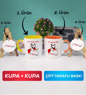 İkili Sarı Turuncu Sevgiliye Sevgililer Günü Hediyesi 10 Kupa Bardak Anahtarlık