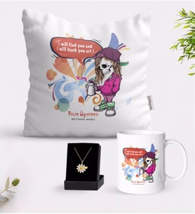 BK Gift Kişiye Özel Resim Öğretmeni Beyaz Kupa Yastık ve İsimli Papatya Kolye Hediye Seti-2 (Model 1)