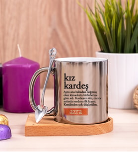 Kız Kardeş Kelime Anlamı Ahşap Altlıklı Silver Kupa Bardak