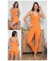 MyBen Kadın Turuncu Renkli Dantel Detaylı Şortlu ve Taytlı Pijama Takımı 3'lü Set 75002