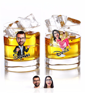 BK Gift Kişiye Özel Renkli Baskılı Erkek ve Kadın Karikatürlü İkili Viski Bardağı-6 (Beyaz)