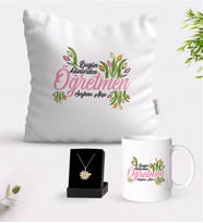 BK Gift Kişiye Özel Bugün Günlerden Öğretmen Beyaz Kupa Yastık ve İsimli Papatya Kolye Hediye Seti-1 (Model 1)