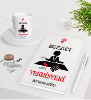 BK Gift Kişiye Özel Eczacı Teknisyeni Beyaz Defter Kalem Türk Kahvesi Fincanı Seti-3 (Model 1)