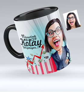 BK Gift Kişiye Özel Bayan Ceo Karikatürlü Siyah Kupa Bardak  2