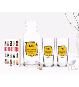 BK Gift Kişiye Özel Renkli Baskılı İnsan İki Şeyi Saklayamaz Tasarımlı İkili Rakı Bardağı Karaf ve Cep Kitabı Hediye Seti-1 (Model 1)