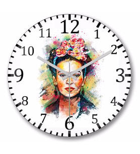 Frida Kahlo Renkli Çiçekli Duvar Saati Bombeli Gercek Cam