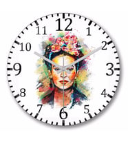 Frida Kahlo Renkli Çiçekli Duvar Saati Bombeli Gercek Cam