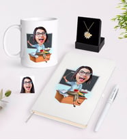 BK Gift Kişiye Özel Bayan Öğretmen Karikatürlü Beyaz Kupa Defter Kalem ve İsimli Papatya Kolye Hediye Seti-2 (Model 1)