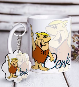 BK Gift Kişiye Özel Barney Rubble Beyaz Kupa ve Anahtarlık Hediye Seti (Model 1)