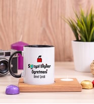 Sosyal Bilgiler Öğretmeni Ahşap Altlıklı Mumlu Siyah Kupa Bardak