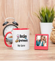 Resim Öğretmeni Kırmızı Kupa Bardak ve Kırmızı Mini Fotoğraf Çerçevesi