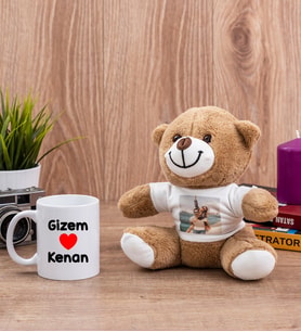 Sevgililere Özel İsim Yazılı Beyaz Kupa Bardak ve Peluş Ayıcık