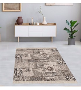 Kırkyama Patchwork Desenli Etnik Dijital Baskı Yıkanabilir Kaymaz Taban Salon Halı ve Yollu (Gri)