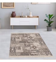 Kırkyama Patchwork Desenli Etnik Dijital Baskı Yıkanabilir Kaymaz Taban Salon Halı ve Yollu (Gri)