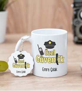 Özel Güvenlik Beyaz Kupa Bardak Ve Anahtarlık Set