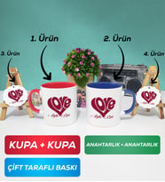 İkili Kırmızı Lacivert Love Tasarımlı Sevgililer Günü Hediyesi Kupa Bardak Anahtarlık