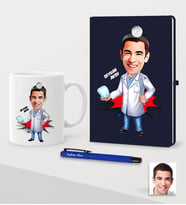 BK Gift Kişiye Özel Bay Diş Hekimi Karikatürlü Lacivert Defter Kalem Kupa Seti - 3 (Model 1)