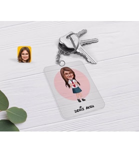 BK Gift Kişiye Özel Kız Çocuk Karikatürlü Şeffaf Pleksi Anahtarlık-6 (Beyaz)