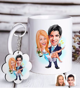 BK Gift Kişiye Özel Evleniyoruz Karikatürlü Beyaz Kupa ve Anahtarlık Hediye Seti-4 (Model 1)