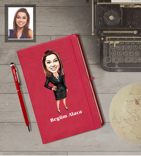 Kişiye Özel İş Kadını Karikatürlü  Kırmızı Defter Kalem Hediye Seti Bayan-21