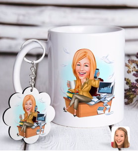BK Gift Kişiye Özel Bayan Muhasebeci Karikatürlü Beyaz Kupa ve Anahtarlık Hediye Seti-1 (Model 1)