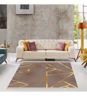 Gold Çizgili Geometrik Desenli Dijital Baskı Yıkanabilir Modern Salon Halı ve Yolluk (Vizon) (Kahverengi)