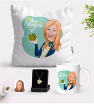 BK Gift Kişiye Özel Bayan Sınıf Öğretmeni Karikatürlü Beyaz Kupa Yastık ve İsimli Papatya Kolye Hediye Seti-1 (Model 1)
