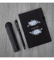 Kişiye Özel UV Baskılı Çiçekli Siyah Defter Roller Kalem Seti