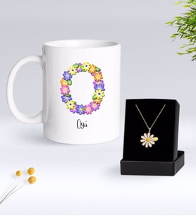 BK Gift Kişiye Özel Çiçek Temalı Harf Kupa ve Papatya Kolye Hediye Seti-17 (Model 1)
