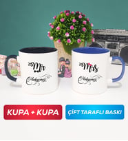 İkili Çiftlere Özel Mr Mrs Sevgiliye Hediye Kupa Bardak Siyah Lacivert