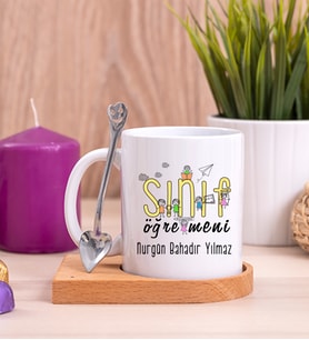 Sınıf Öğretmeni Ahşap Altlıklı Beyaz Kupa Bardak