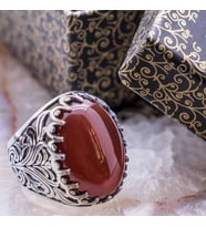 925 Ayar Gümüş Bordo Akik Taşlı Yüzük