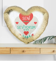 BK Gift Kişiye Özel Sevgililer Günü Altın Yaldız Sihirli Kalp Yastık  61
