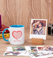 Kişiye Özel Kalpli Mavi Kupa Bardak ve Ahşap Standlı Polaroid Set