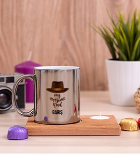 Awesome Dad Babaya Hediye Ahşap Altlıklı Mumlu Silver Kupa Bardak